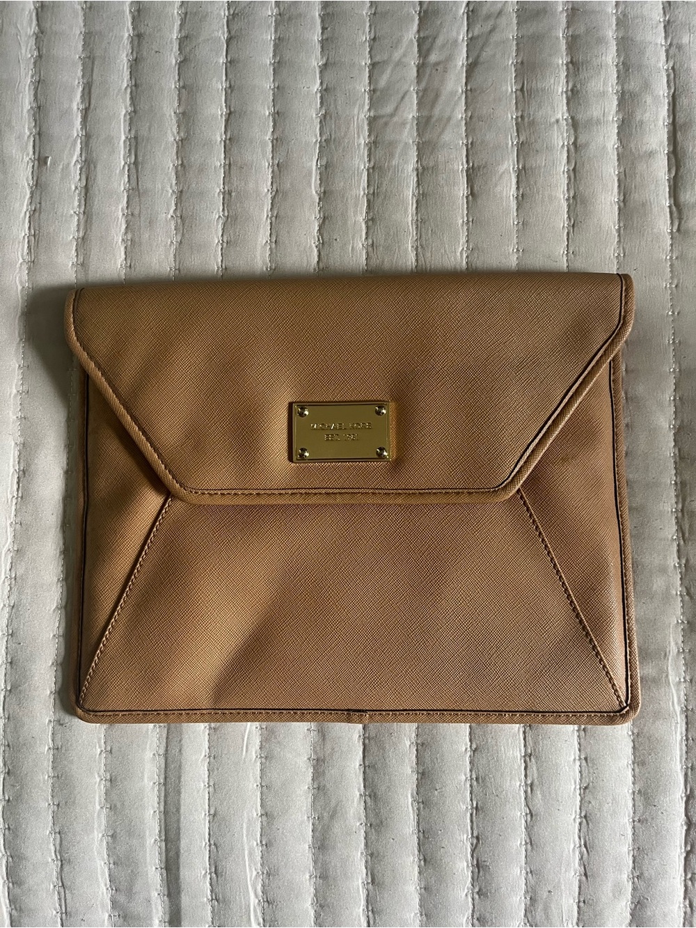 Michael Kors Camel Saffiano Envelope Clutch with Gold Plaque